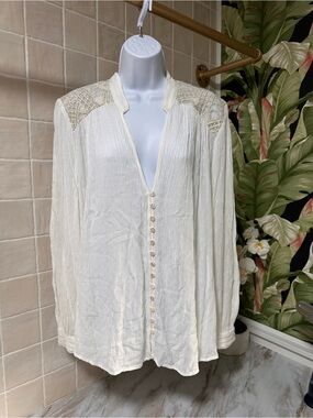 Free People Long Sleeve Gauze Button Down Blouse with embroidery embellishment